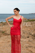 Red one-shoulder braided lace gown - 3