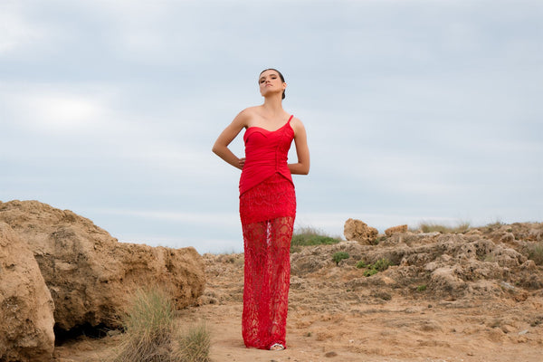 Red one-shoulder braided lace gown