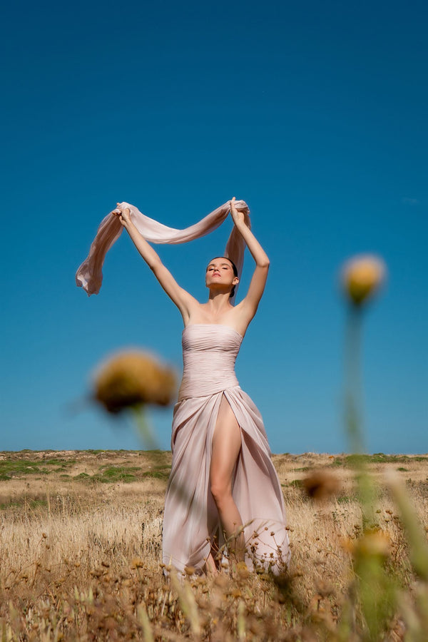 Blush ruched scarf-slit gown