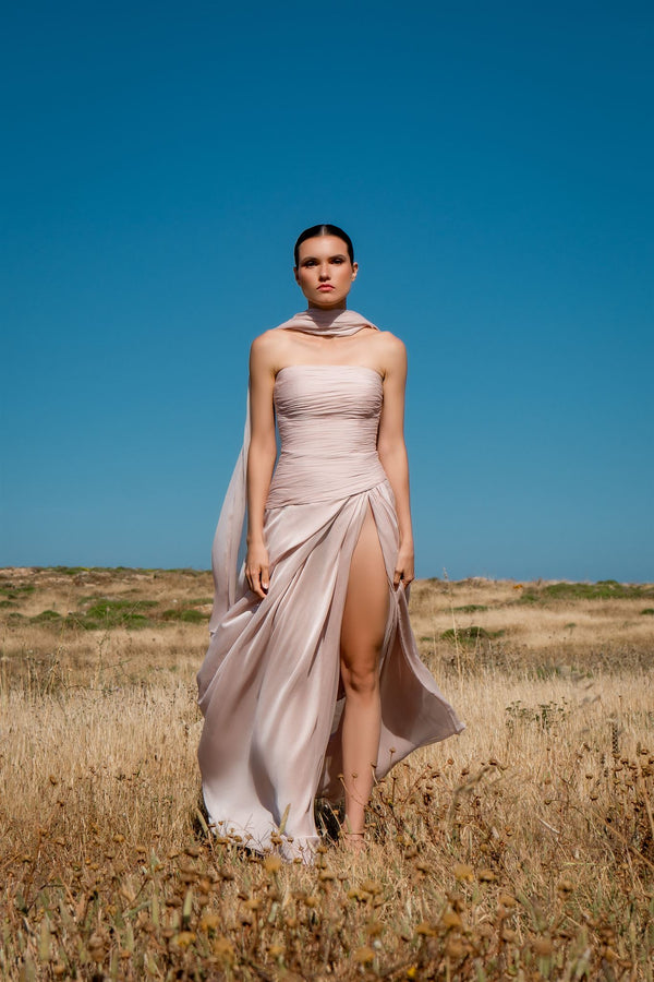 Blush ruched scarf-slit gown