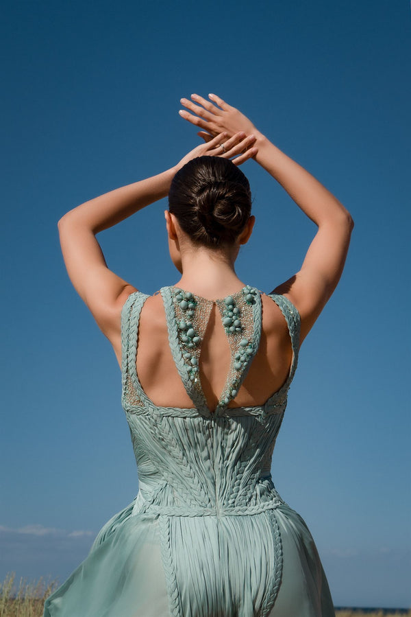Seafoam beaded braided gown