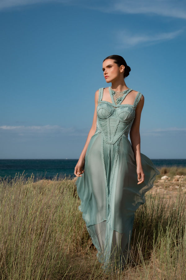 Seafoam beaded braided gown