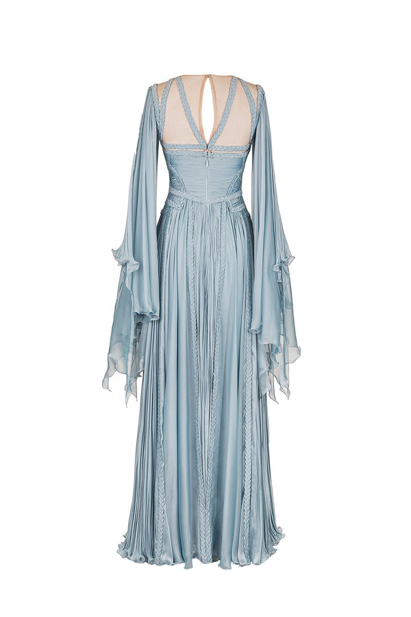 Seafoam braided draped-sleeve gown