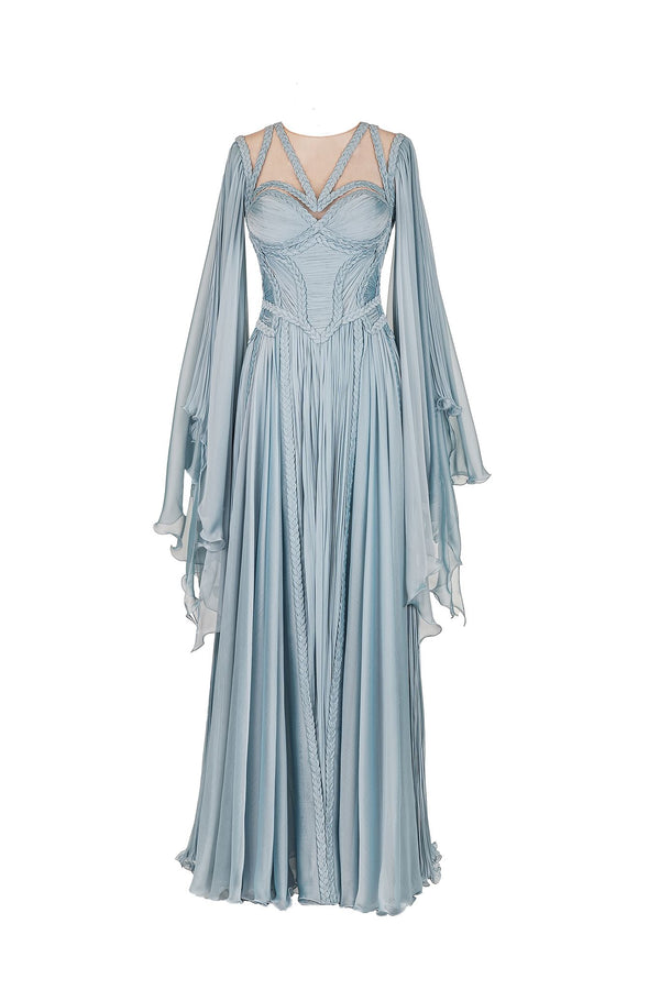 Seafoam braided draped-sleeve gown