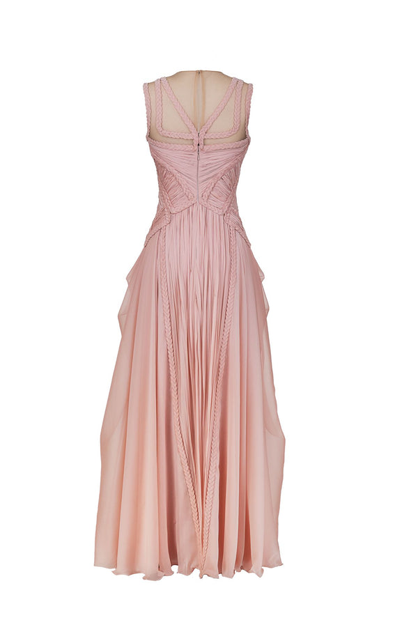 Blush braided illusion chiffon gown