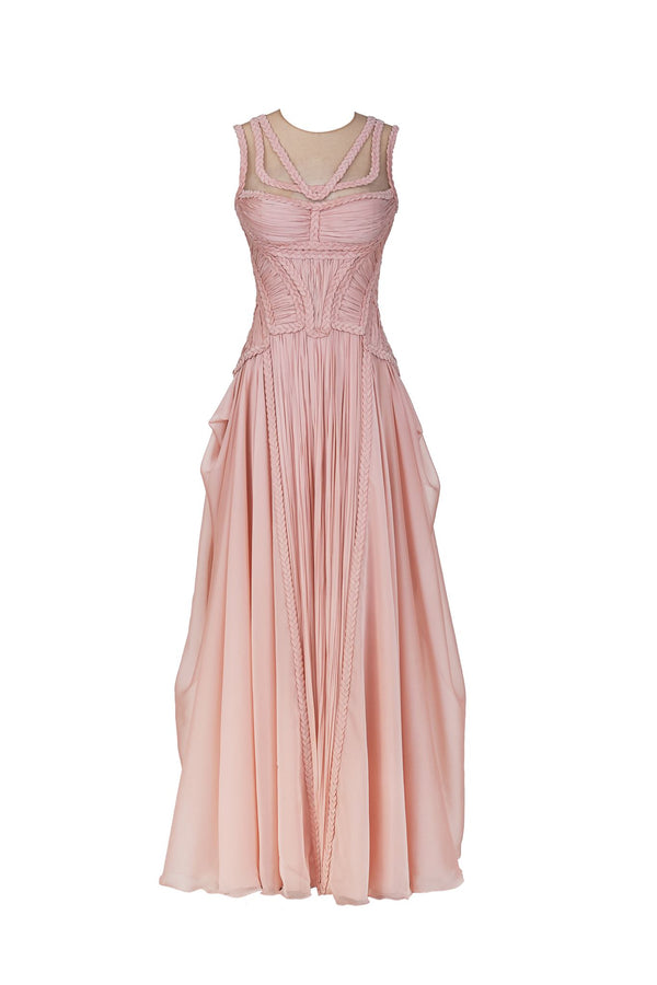 Blush braided illusion chiffon gown