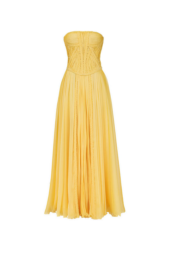 Butter yellow braided ruched gown