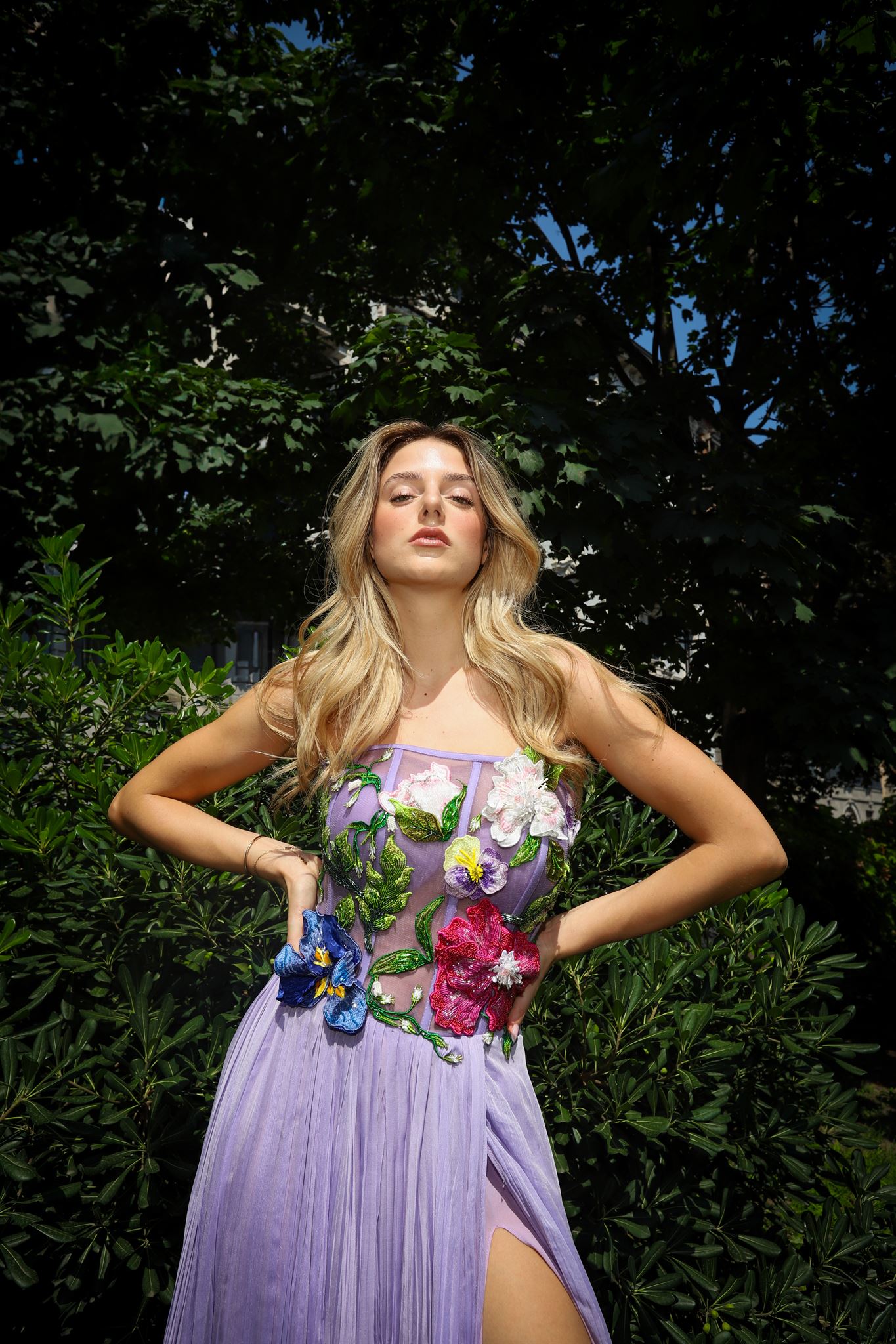 Lilac floral corset slit gown