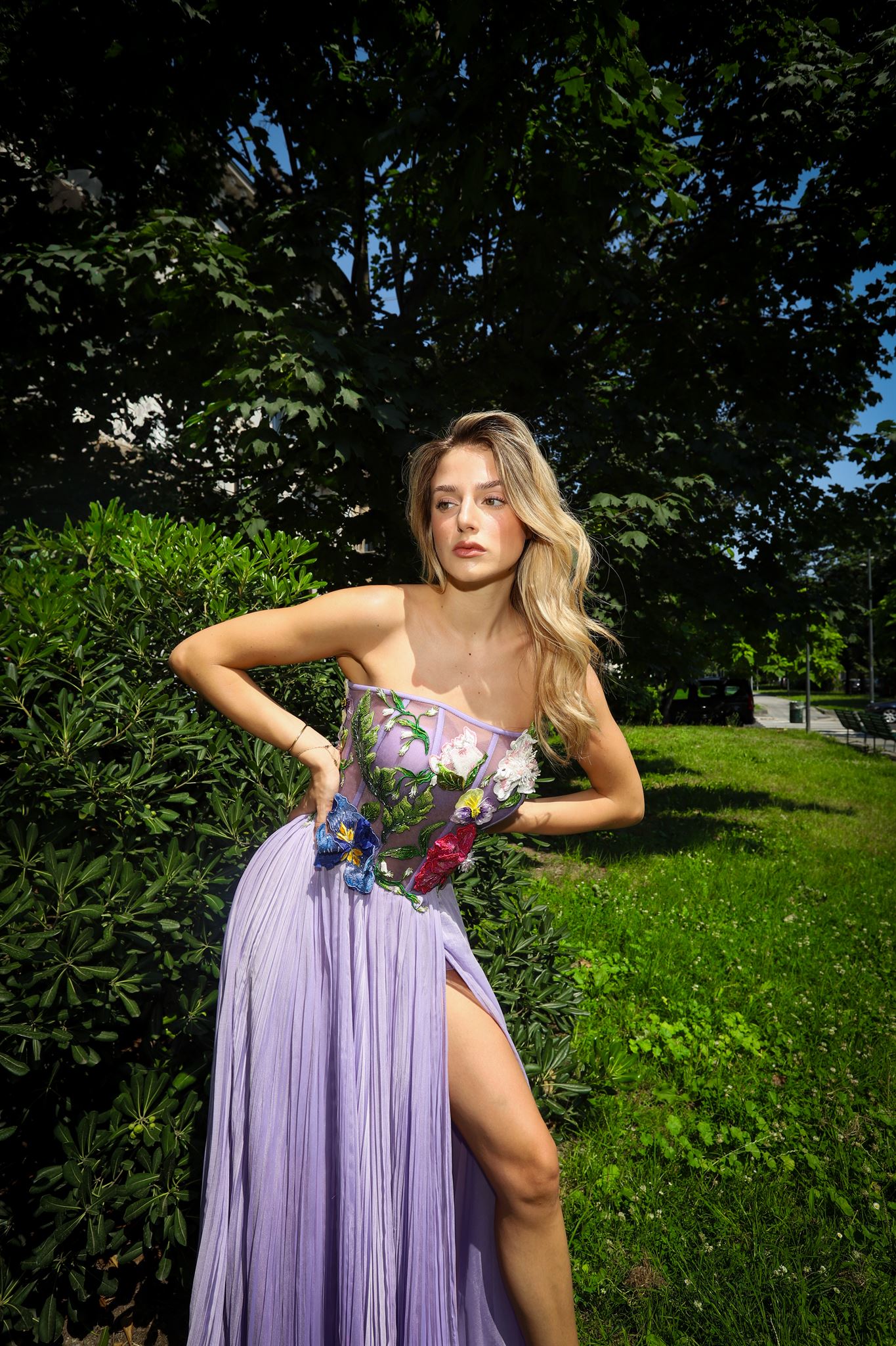 Lilac floral corset slit gown