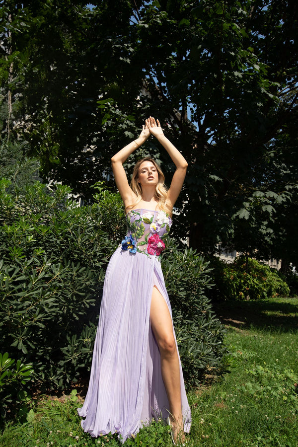 Lilac floral corset slit gown