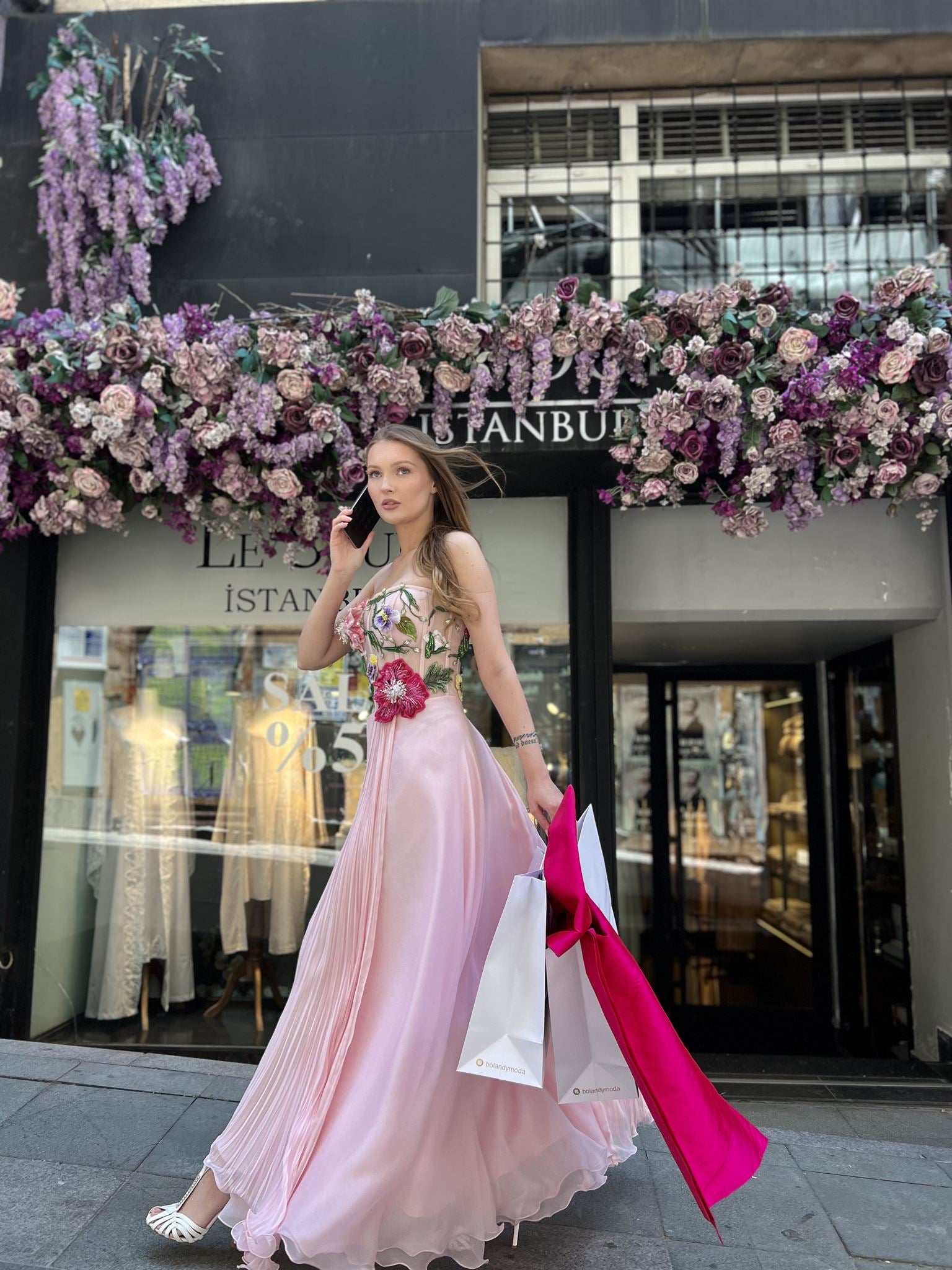 Blush floral corset pleated gown