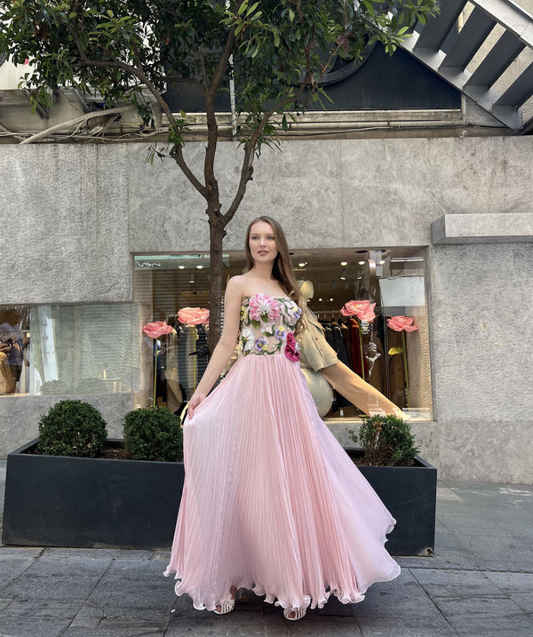 Blush floral corset pleated gown