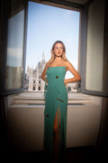 Green metallic-artwork slit gown - 1