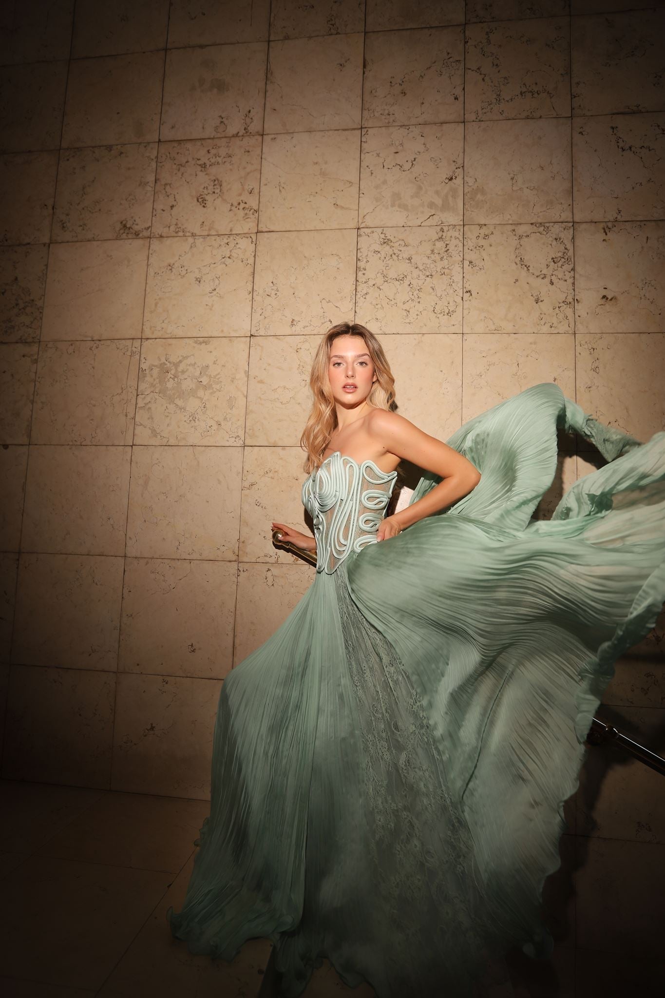 Mint lace corset pleated gown