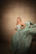 Mint lace corset pleated gown - 4