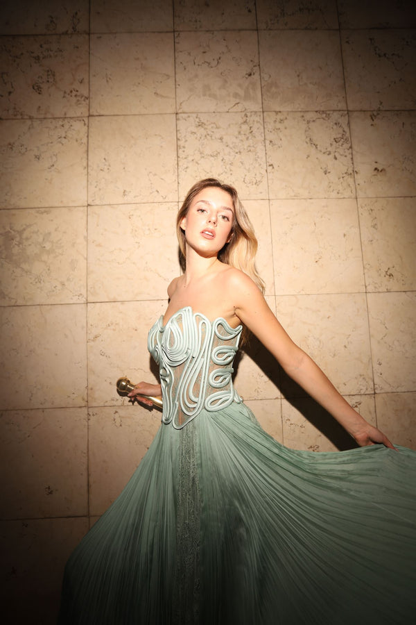Mint lace corset pleated gown