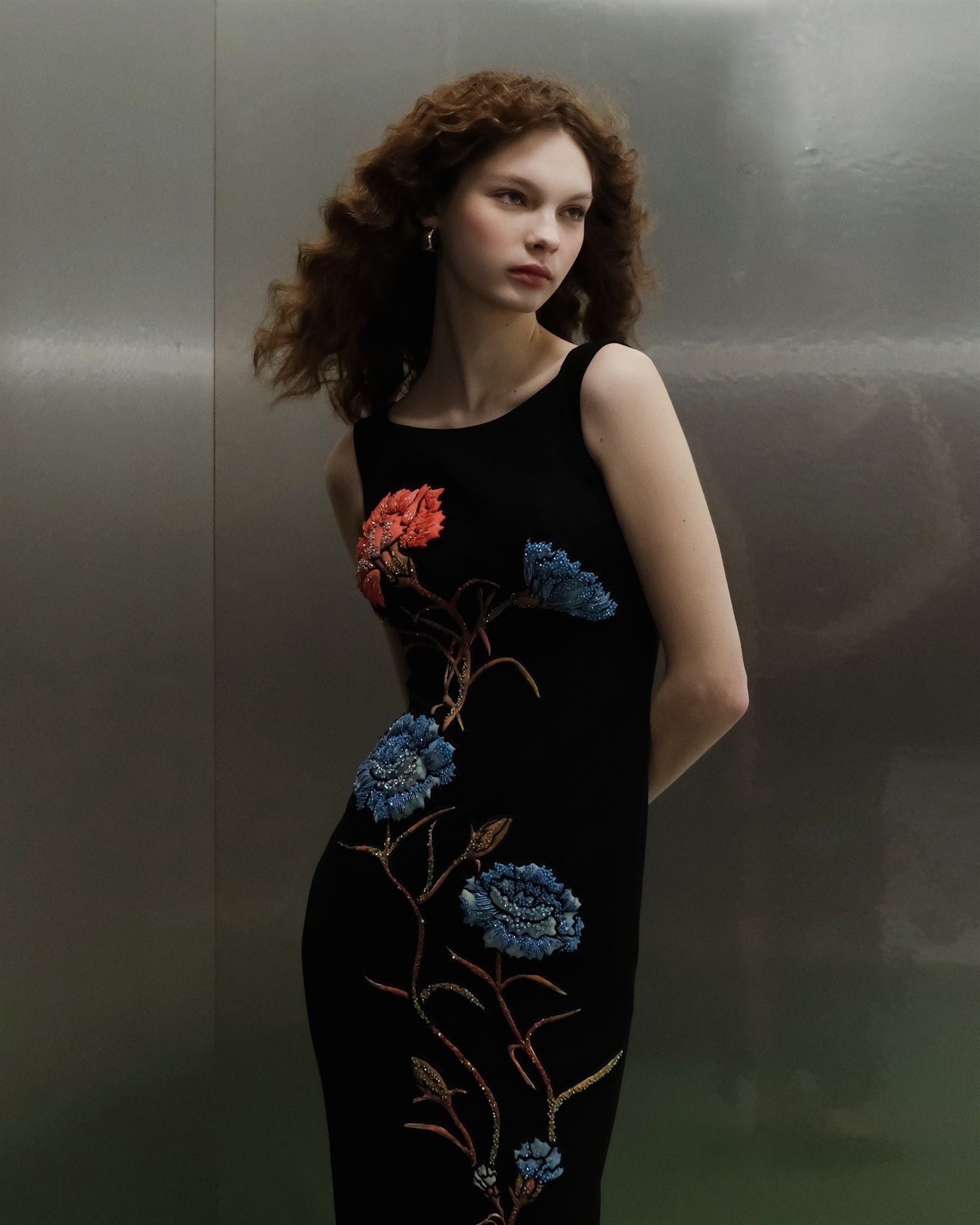 Black blue-coral floral artwork gown