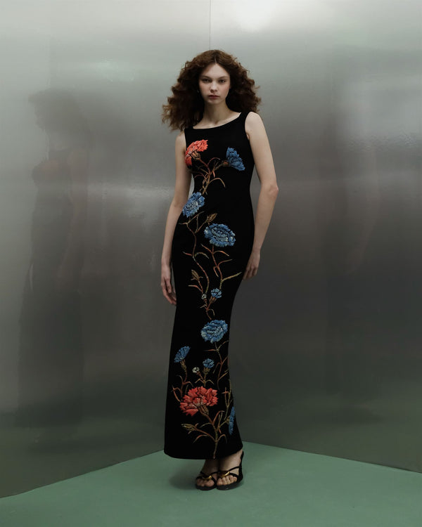 Black blue-coral floral artwork gown