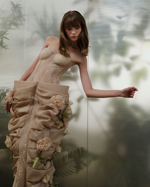 Nude lace corset floral midi dress