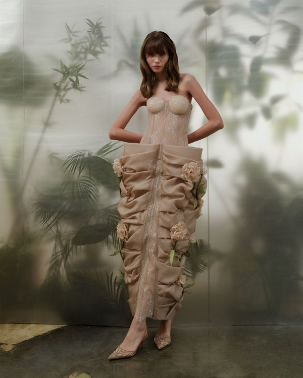 Nude lace corset floral midi dress