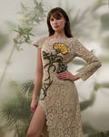 Beige one-shoulder floral lace dress - 1
