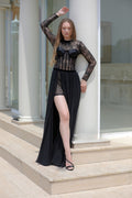 Black lace corset slit gown - 2