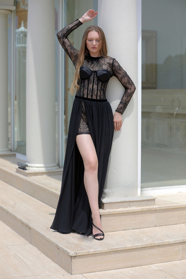 Black lace corset slit gown
