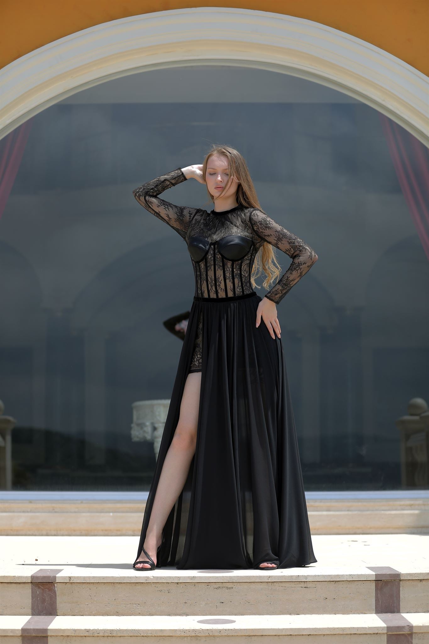 Black lace corset slit gown