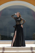 Black lace corset slit gown - 3