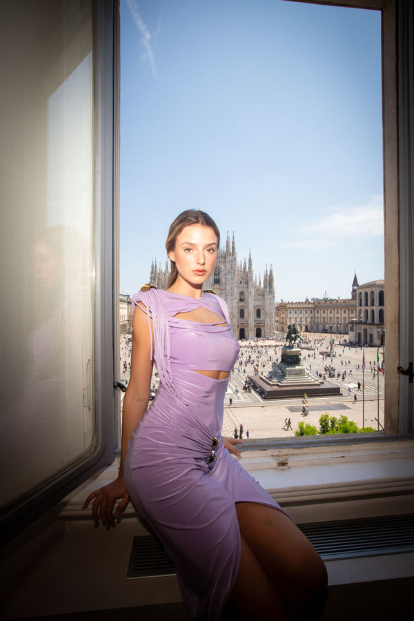 Lilac metallic-detail cut-out midi dress