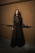 Black dotted-tulle velvet-trim gown - 2