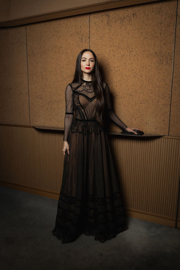 Black dotted-tulle velvet-trim gown