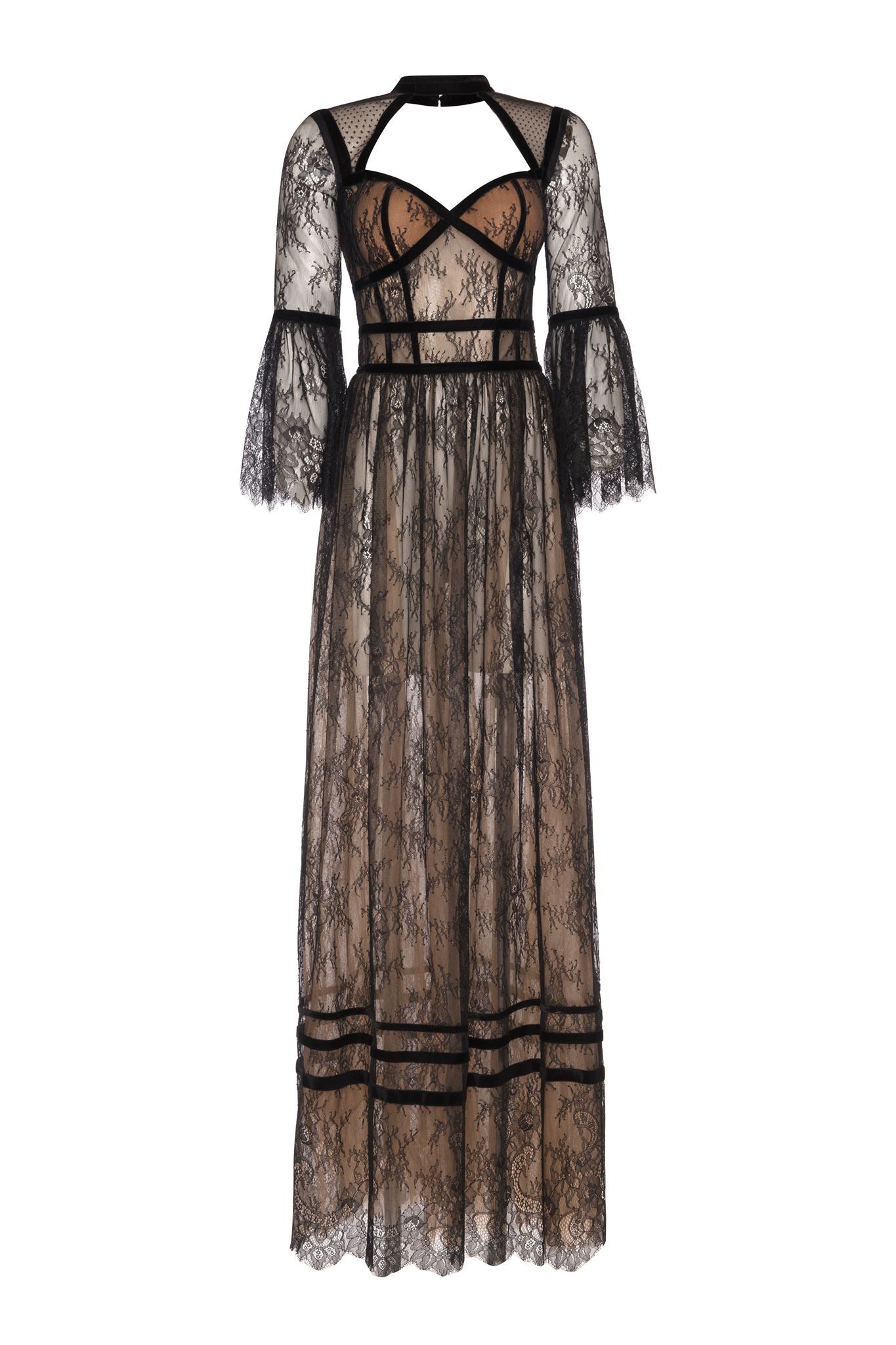 Black dotted-tulle velvet-trim gown