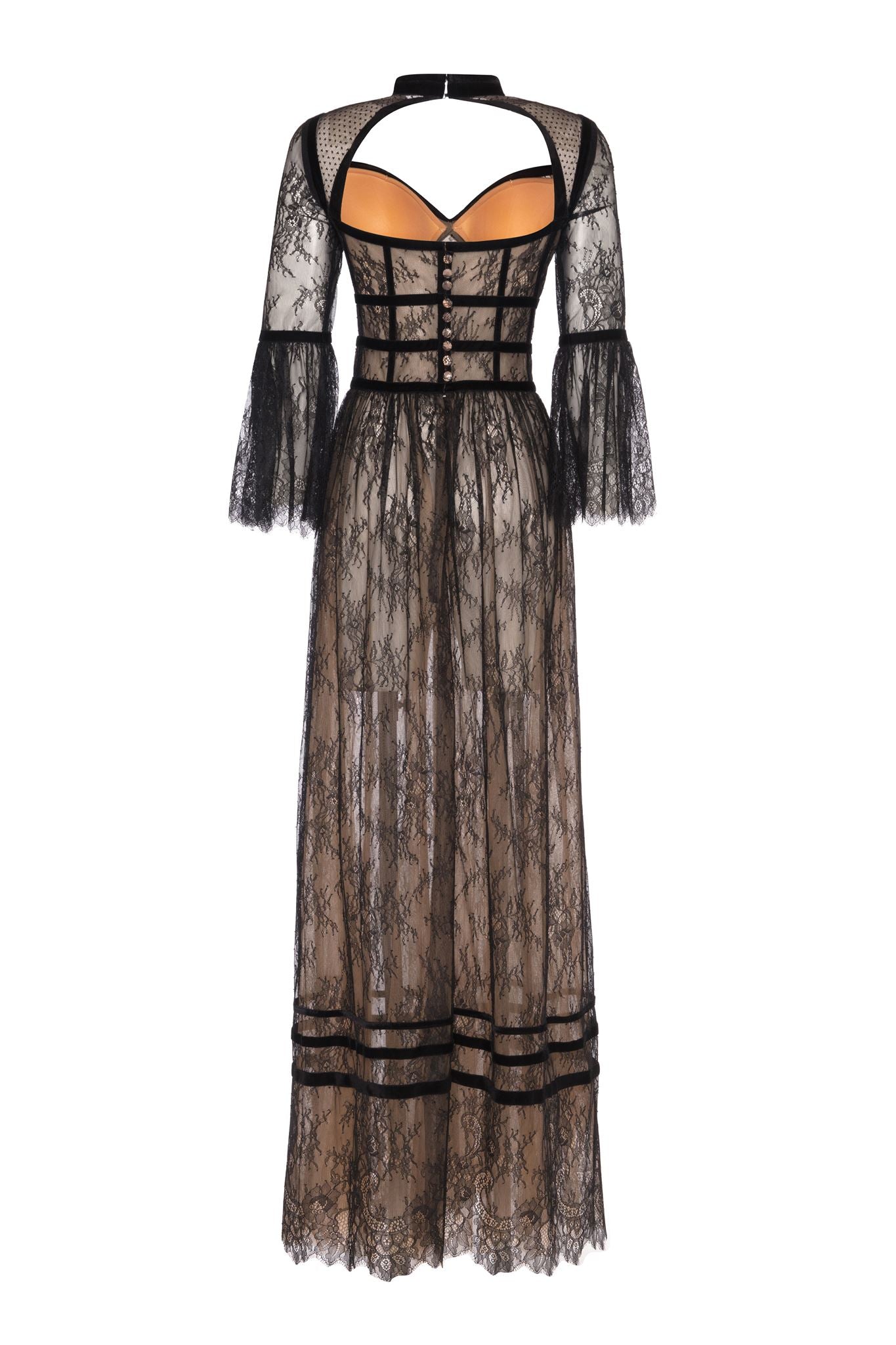 Black dotted-tulle velvet-trim gown