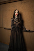 Black dotted-tulle velvet-trim gown - 1