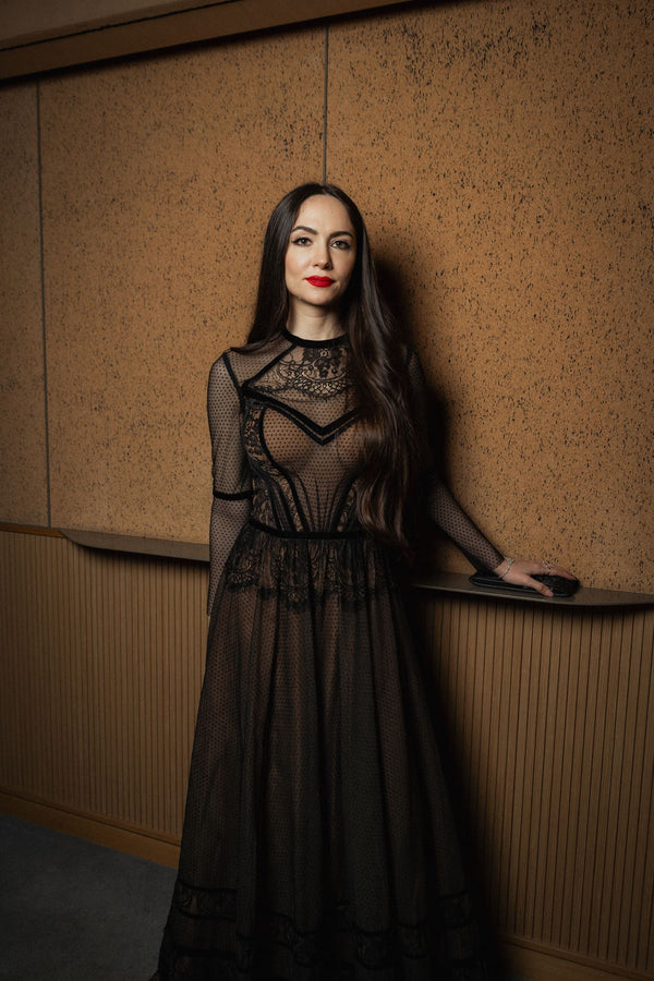 Black dotted-tulle velvet-trim gown