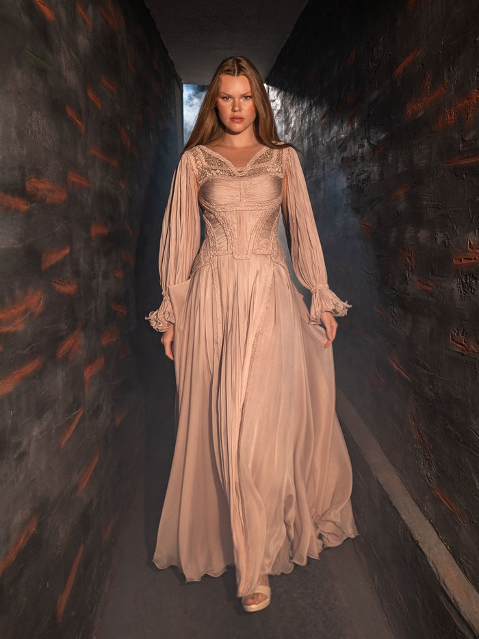 Blush braided long-sleeve gown