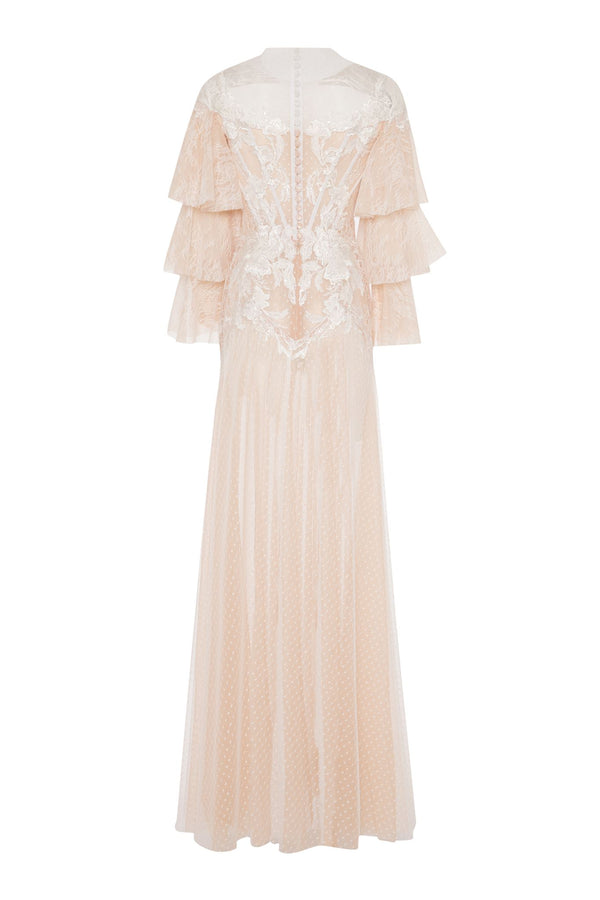Blush embroidered tulle ruffle gown