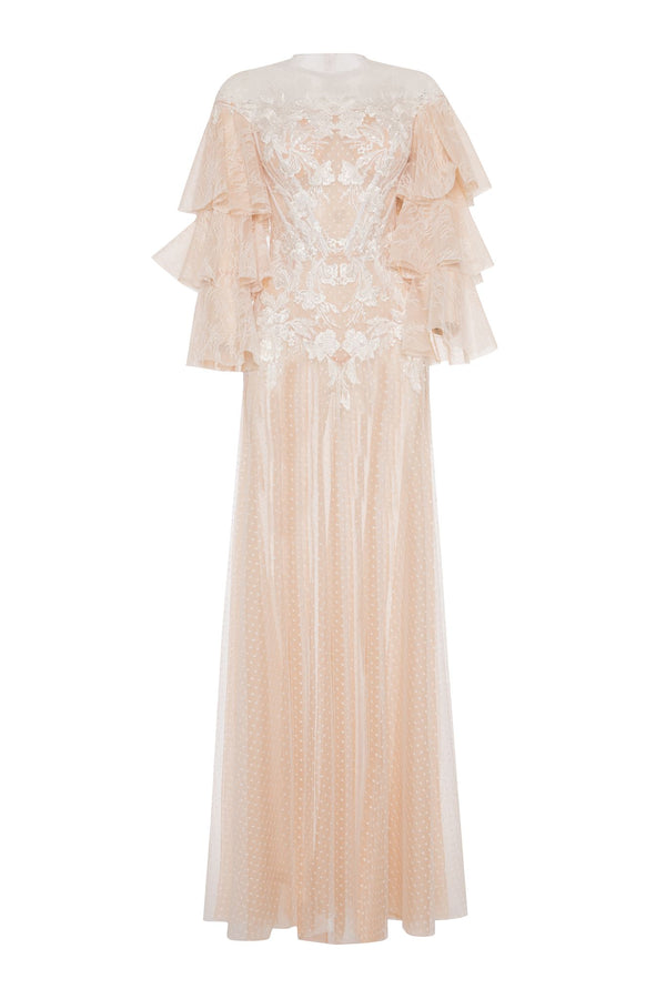 Blush embroidered tulle ruffle gown