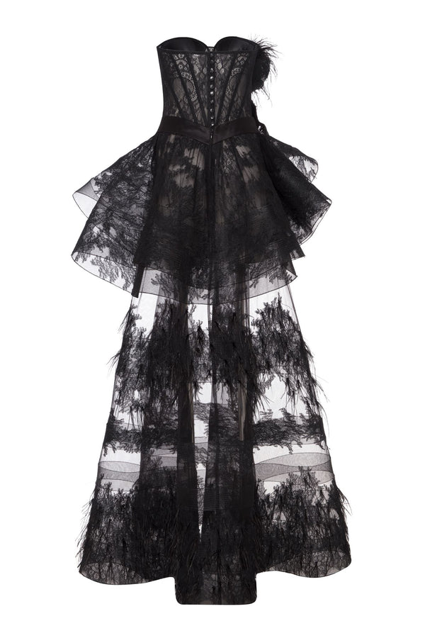 Black lace feathered high-low dress