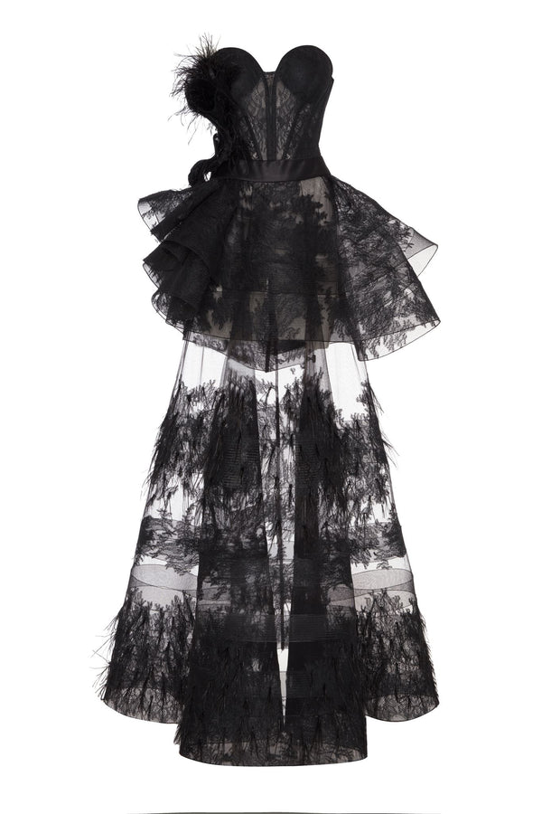 Black lace feathered high-low dress