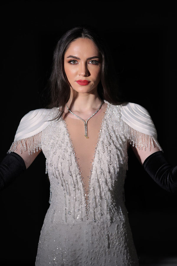 White embellished beaded-fringe jumpsuit