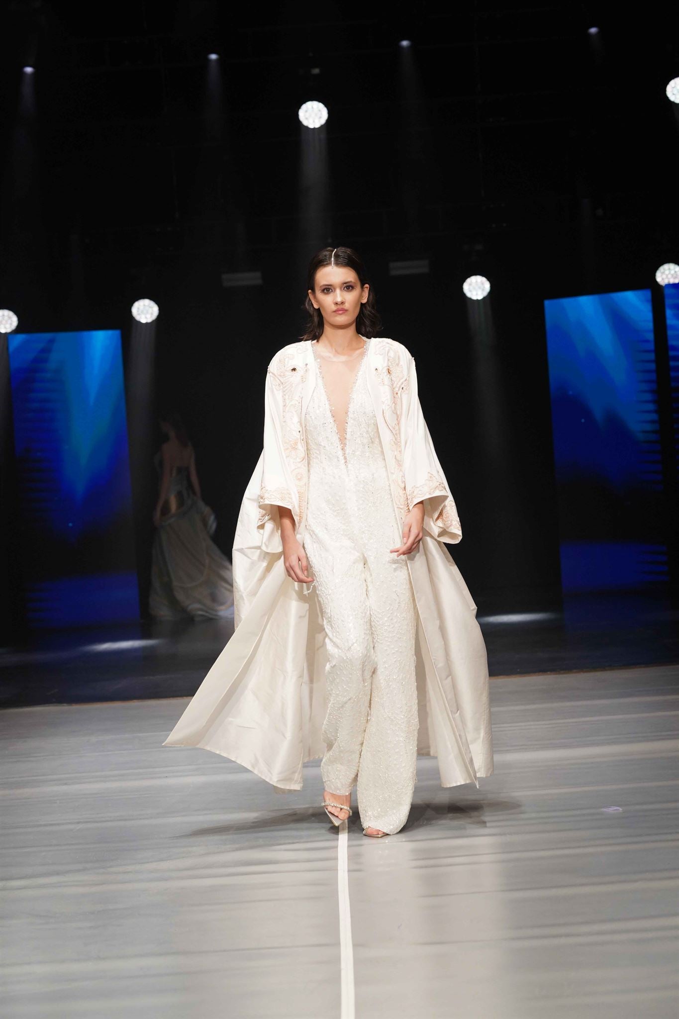 White embellished beaded-fringe jumpsuit