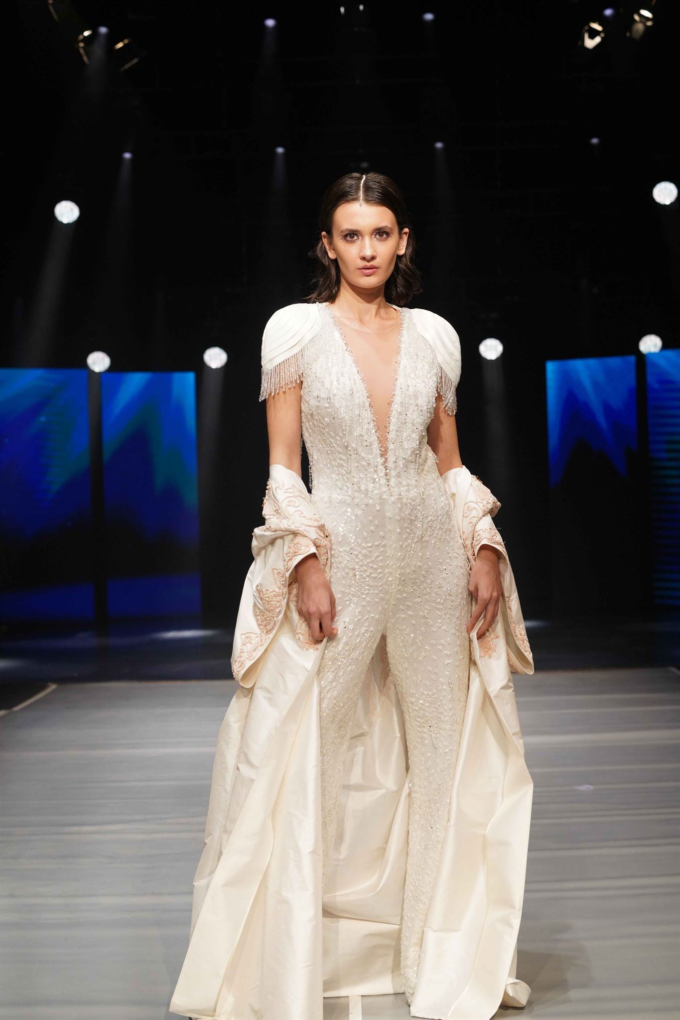 White embellished beaded-fringe jumpsuit