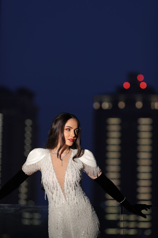 White embellished beaded-fringe jumpsuit