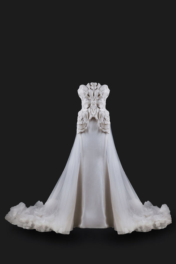 White Magic Flower tulle-train gown