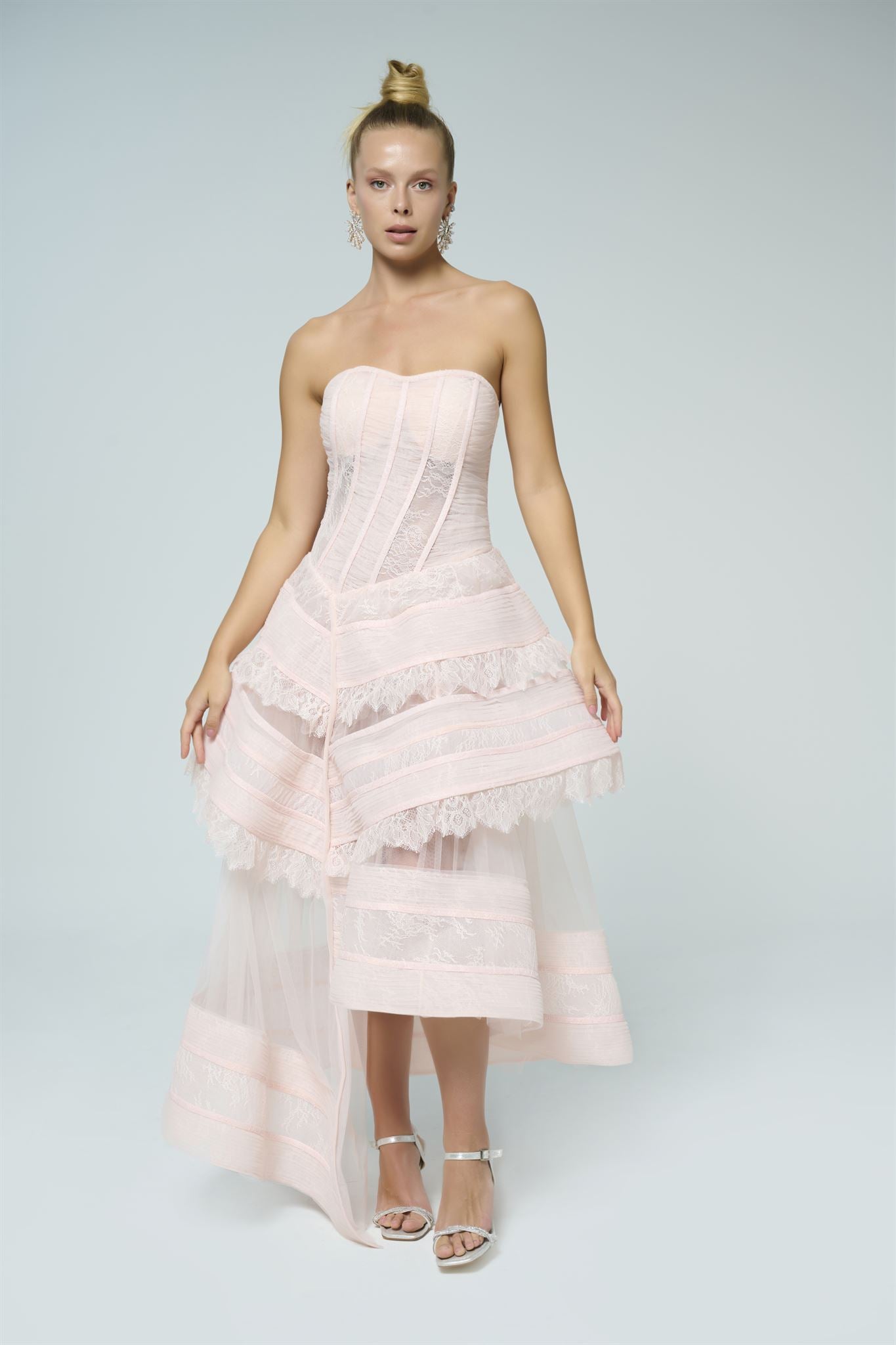 Blush lace high-low corset dress