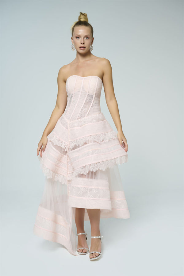 Blush lace high-low corset dress