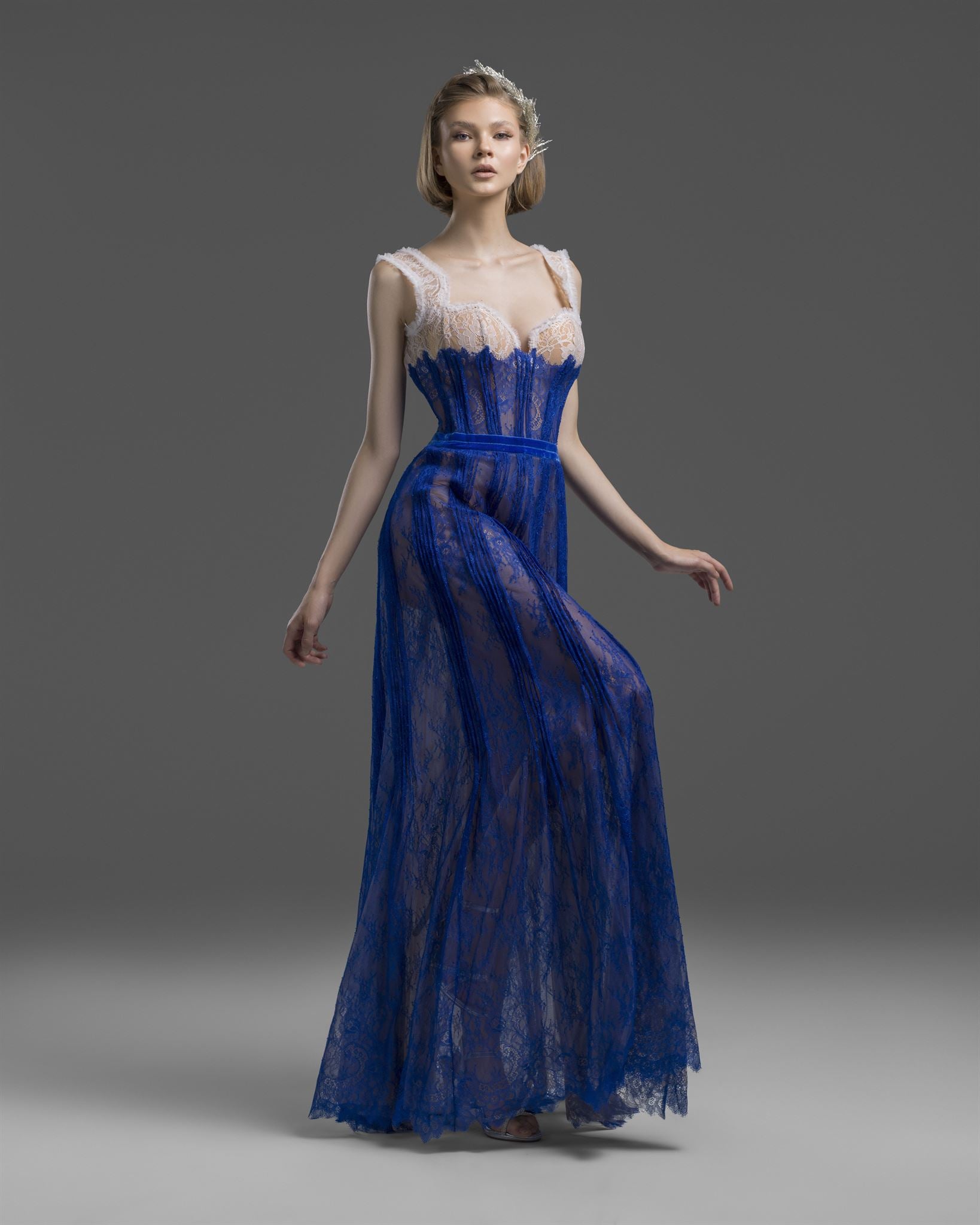 Cobalt blue white-lace corset gown