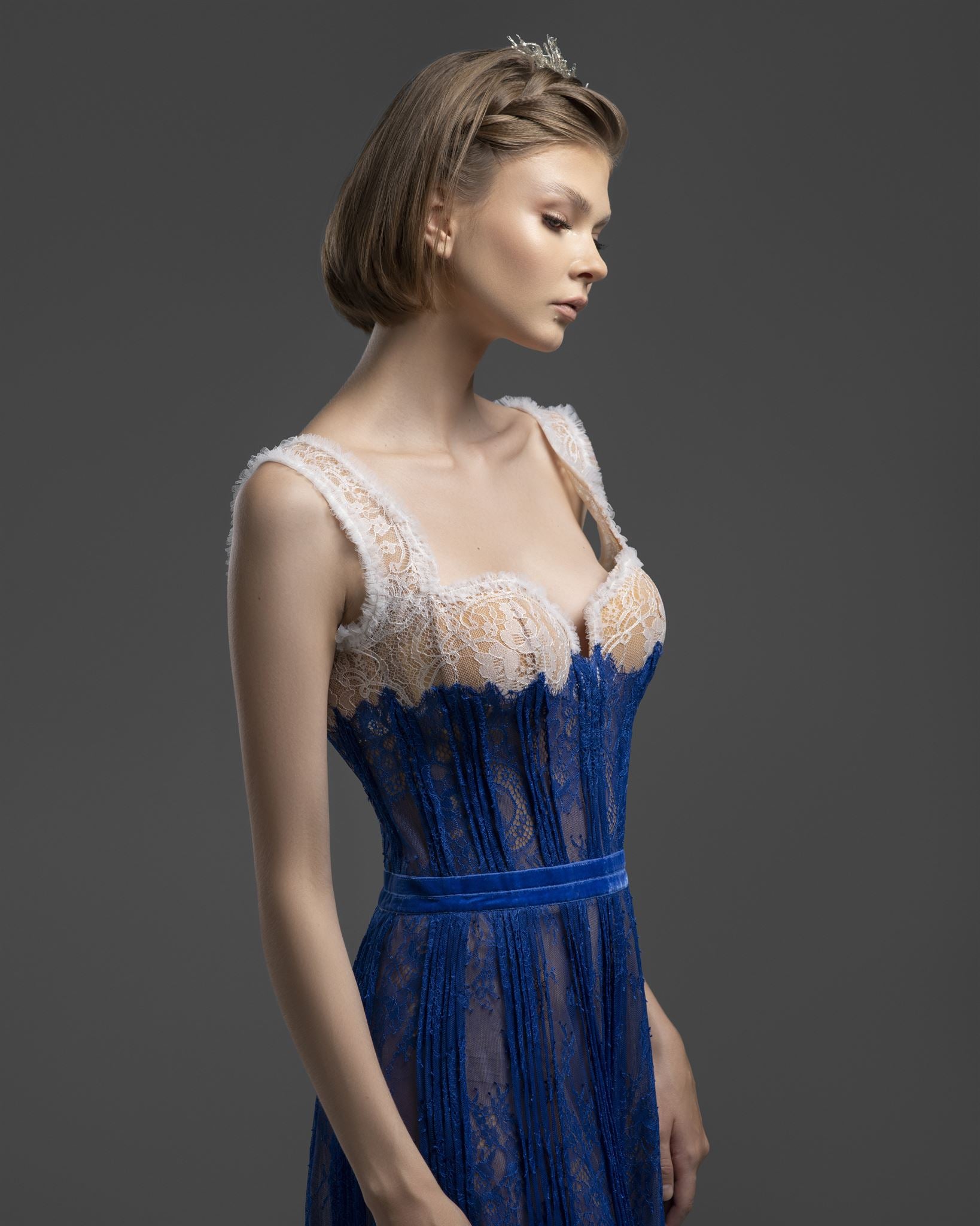 Cobalt blue white-lace corset gown